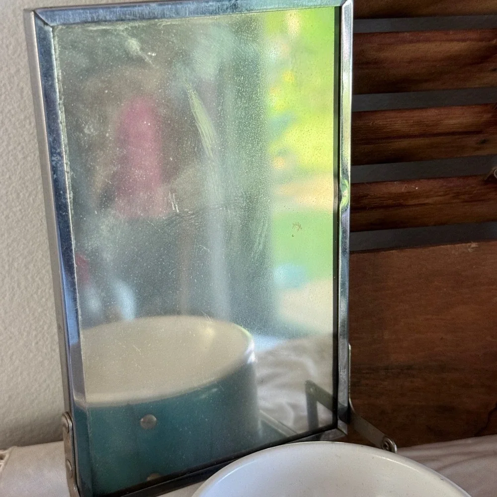 Vintage Mallard Duck Travel Shaving Kit Folding Mirror Teal Enamel Cup Grooming